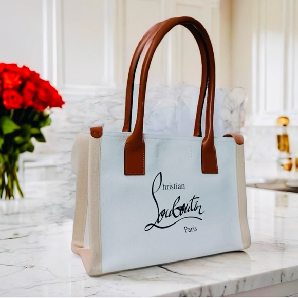 AUTHENTIC Christian Louboutin Small Nastroloubi Canvas Cream and Brown Tote Bag - Picture 5 of 13